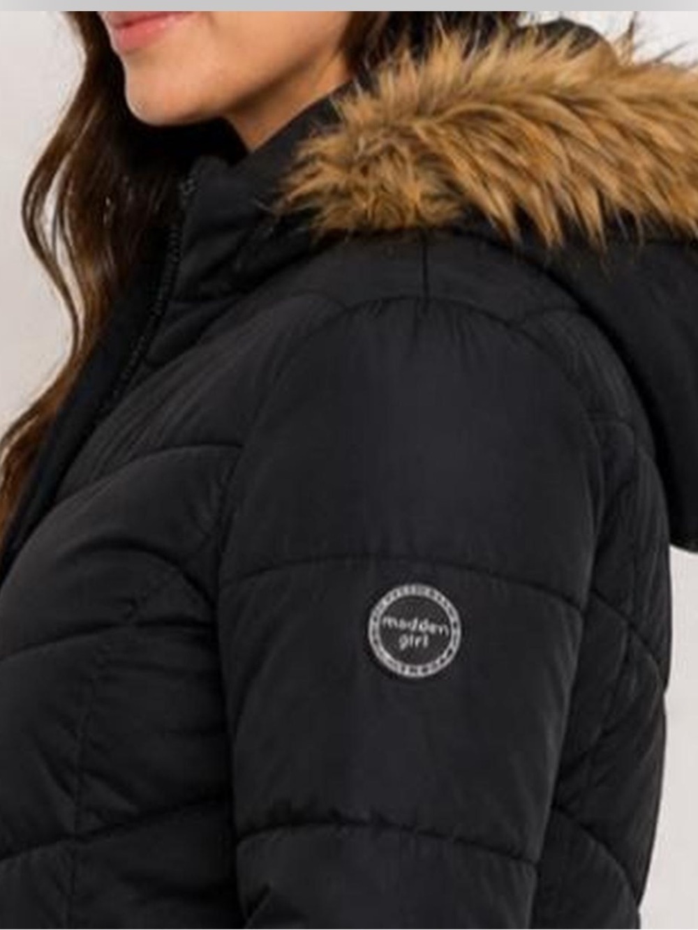 Madden Girl Black Quilted Puffer Jacket Faux Fur Trim Hood Women’s - Picture 3 of 8